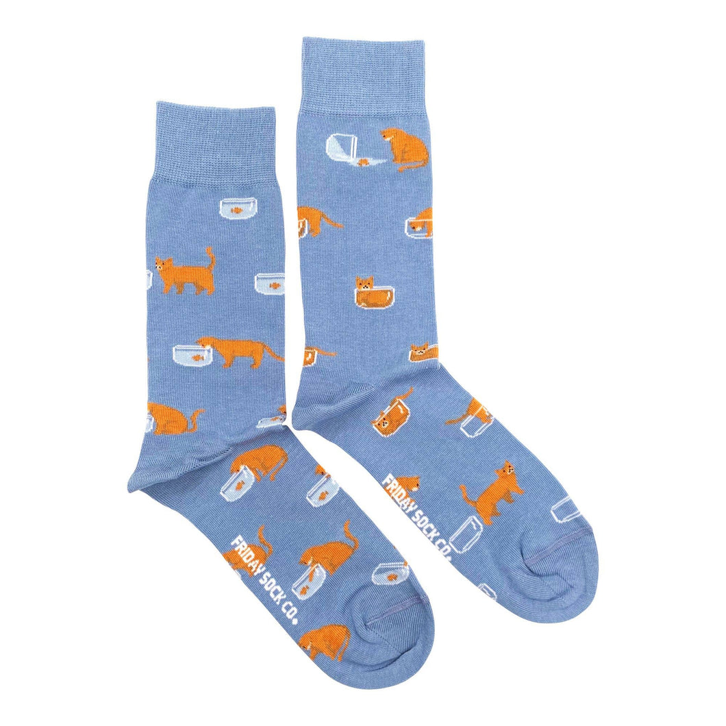 Cat Socks | Men's Size | Cat & Fish | Mismatched | Premium: Men's 7 - 12